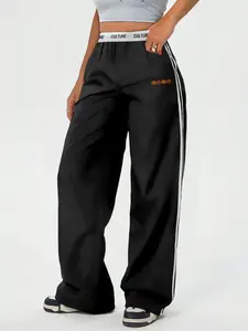 High Waist Solid Color Sports Pants for Women, Loose Fit Breathable Athletic Trousers, Side Stripe Design Perfect for All Seasons, Breathable Activewear Bottoms, Detail Sweatpants