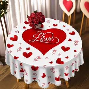 A Flat Banner Featuring a Romantic Heart-Shaped Rose Pattern Tablecloth for Valentine'S Day, Available in Round And Square Shapes, with Five Different Sizes. It Has Embossed Edges And Is Suitable for Everyday Use in Kitchens And Patios