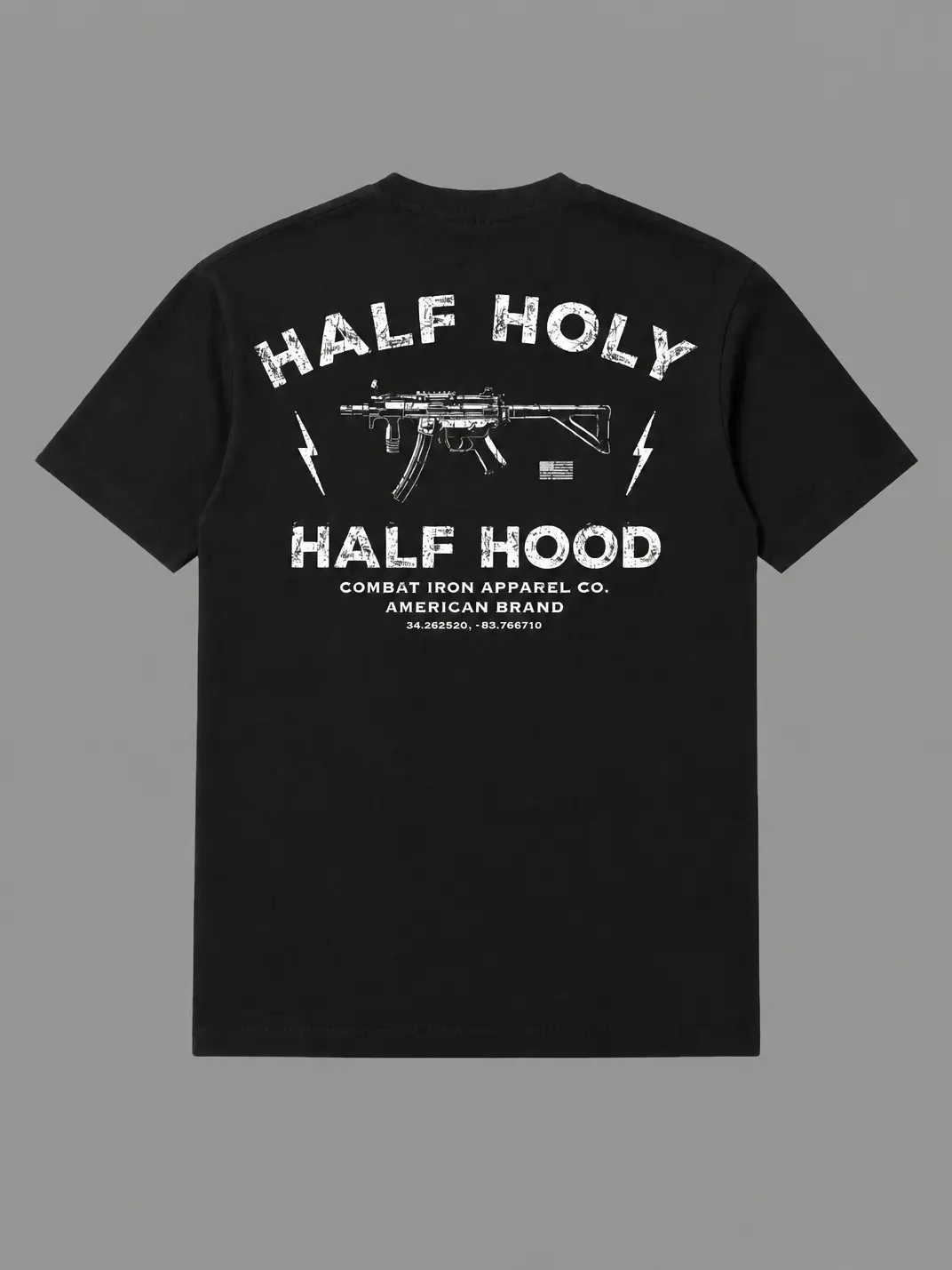 Half Holy Half Hood Tactical T Shirt With Rifle Graphic And Bold Street Warrior Design, Urban Tactical Apparel For Men Who Balance Faith And Hustle, Military Style Shirt For Gym Streetwear And Tactical Lifestyle Wear
