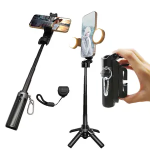 Portable selfie stick, retractable desktop mobile phone tripod, 3-color light brightness adjustment, with detachable remote control, pocket size, suitable for Vlog live photography travel and mountain climbing, compatible with all iPhone/Android phones