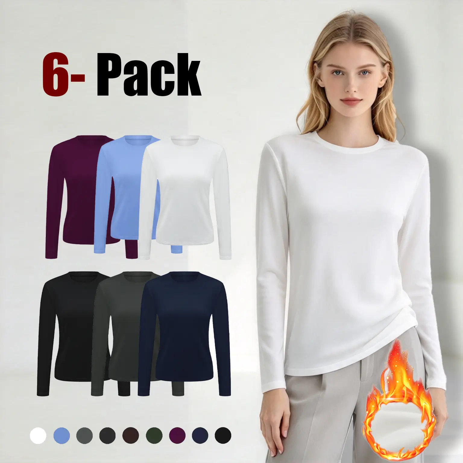 6-Pack Women’s Thermal Long Sleeve Tops, Warm Stretch Crew Neck Base Layer Shirts, Fitted Layering Undershirts for Fall Winter, Work, Running, Hiking, Travel & Everyday Wear, Fall Essentials, Black Friday, Holiday & Christmas Gifts