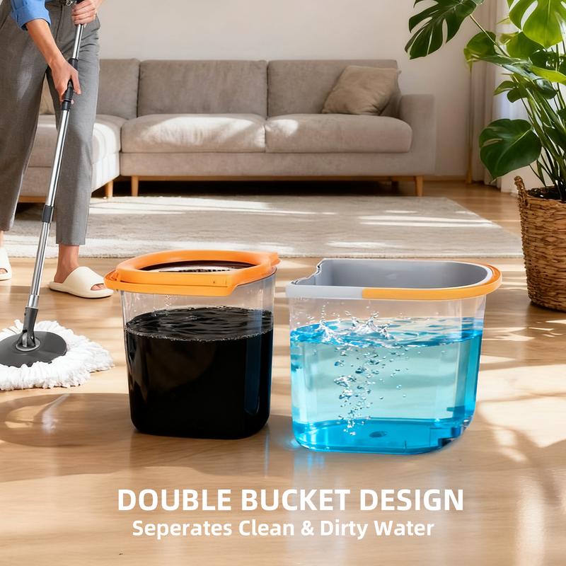 Spin Mop Bucket with Wringer Set, Operable 360 ° Rotating Mop Bucket Set, with 4 Microfiber Replacement Head ,Stainless Steel Mop Bucket  Adjustable Handle Household Cleaning Tools Black Plastic