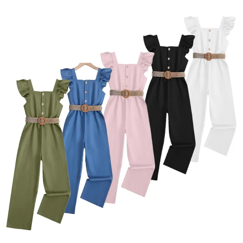 Kid Girl Summer Ruffle Sleeveless Romper Solid Color Button Imitation Denim Design Casual Jumpsuit Sizes 7-14,Ready Stock 42411088