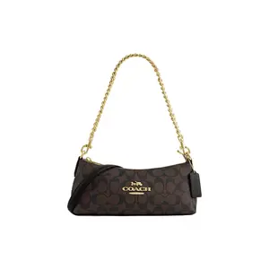 COACH Charlotte 25 Classic Monogram Chain PVC Baguette Handbag Shoulder Bag Medium Women's Gold and Brown-Black
