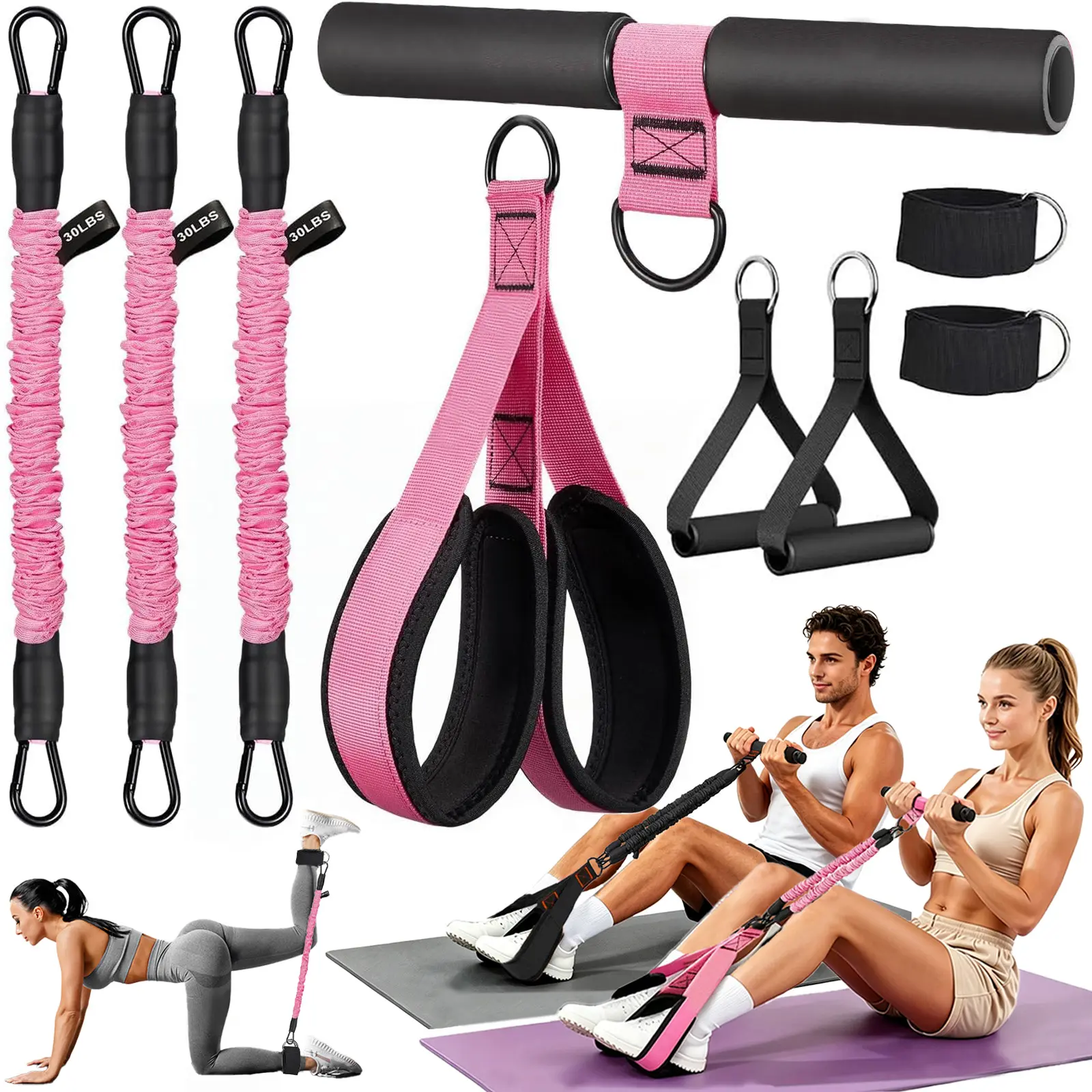 homimanor Upgraded Pedal Resistance Band with Handles, 90LB Adjustable Multifunction Resistance Bands, 3 Tube Foot Pedal Device Puller Exercise Bands, Core & Lower Body Muscle Training, Home Workout Equipment for Women Men