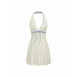 Cider Cotton Floral Halter Neckline Bowknot A-line Mini Dress
