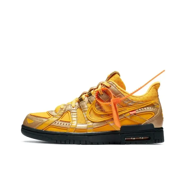 retro streetwear low cut casual footwear golden yellow woven mesh multi panel stitching side printed letter detail orange pull tag brand new unopened intact original shoe box hip hop fashion daily kicks