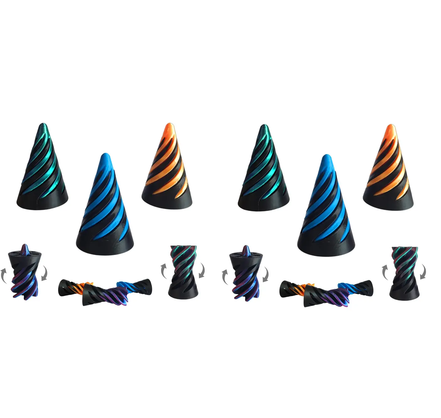 PowerTRC 3D Printed Impossible Passthrough Cone Fidget Toy (Set of 6 PCS) – Optical Illusion Desk Toys, 2.5 Inch – Orange, Blue, Tri-Color Red Blue Green