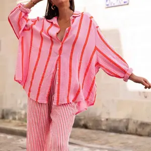 2026 European and American autumn and winter new long-sleeved button-up cardigan women's striped shirt women's vintage striped