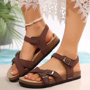 Womens Comfortable Strappy Summer New Style Slouchy Cork Bottom Fashionable Versatile Slip-On Sandals
