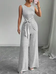 Women's Casual Chic Commuter Jumpsuit Fit, Round Neck Sleeveless, Striped Bow Detail, Perfect for Commuting and Everyday Leisure Wear