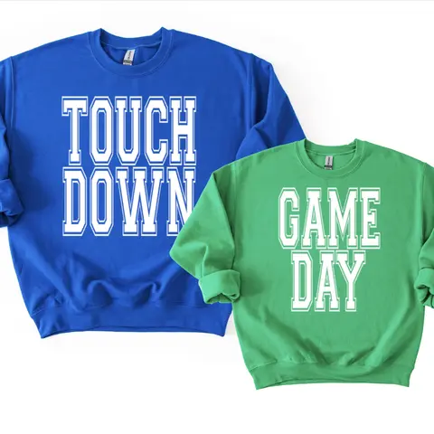 PUFF PRINT Game Day Touch Down Football Sports Fall Sweatshirts - Multiple Color Options Available
