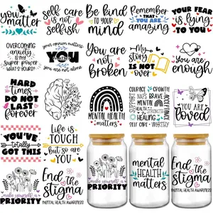 UV DTF Cup Wraps - 20 Sheets Mental Health Quotes UV DTF Tumbler Wrap for 16 oz Glass, Flower Butterfly Stickers Sublimation Transfer Sticker Decals DIY Water Bottle Coffee Mug Craft Decoration Gift for Women