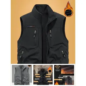 Men's Reversible Zipper Pocket Fleece Vest - Stand Collar Casual Warm Coat, Suitable for Autumn and Cold Weather, Machine Washable Solid Color Regular Fit, Durable Outdoor Apparel, Minimalist Design with Soft Material for Everyday Jacket Black Gilet