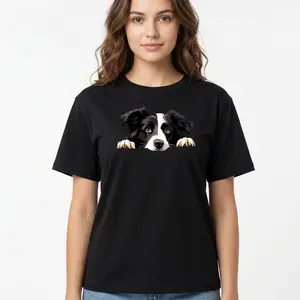 Women's Peeking Border Collie Print T-Shirt, Cute Dog Graphic Tee, Casual Black Short Sleeve Crew Neck Versatile Top for Spring Summer