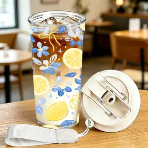 500ML Print Cup, Fruit Lemon Design, Durable Plastic Reusable Cup, Lightweight with Straw and Handle, Ideal for Cold and Hot Drinks, Gift Idea