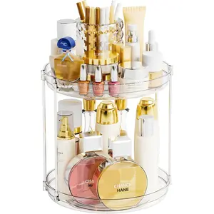 Clear 360 Rotating Bathroom Counter Organizer,2 Tier Spinning Perfume Organizer and Makeup Tower for Lotion,Hair, Skincare Beauty Products,Tiered Lazy Susan and Makeup Organizers for