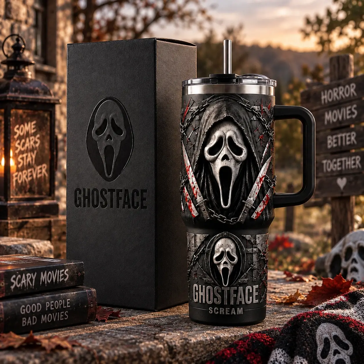 Horor Ghostface Scream 20oz 40oz Tumbler, Halloween Horror Cup, Stainless Steel Travel Tumbler with Handle and Straw, Ghostface Gift for Horror Fans, Scream Movie Inspired Drinkware, Spooky Halloween Gift