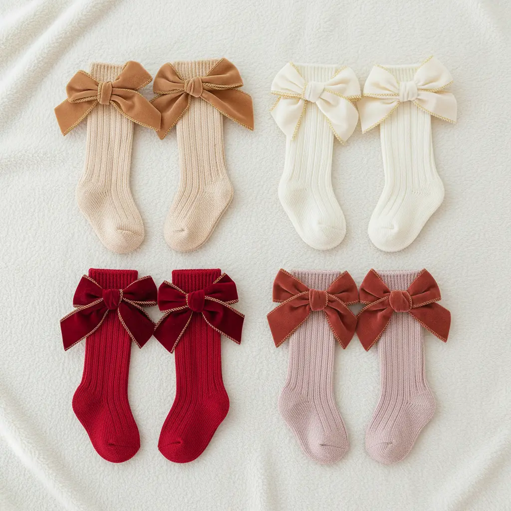 Baby Girls' Ribbed Combed Cotton Knee-High Socks with Large Bow - 0-1 Years Pair Pack, Soft, Smooth Sewing, Cute Look, Good Protection of Baby's Feet, Comfy Hosiery, Advised Foot Length:9-15 cm, Cold Wash Only, Do Not Dry Clean, Infant Toddler Footwear