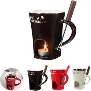 Ceramic Chocolate Fondue Mug Set - Personal Mini Chocolate Melting Pot with Tea Light Candle & Dipping Forks - Small Cheese Melter & Butter Warmer for Strawberries, Fruit, Marshmallows, Washable Reusable Drinkware Cup - Holiday Gift Drinkware Cup