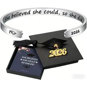 2026 Graduation Gift For Stud "She Believed She Could So She Did" Engraved Wristband Bracelet Inspirational Graduation Jewelry Accessories For Women Graduation Party Favors For Her Class Of 2026 Keepsake Present