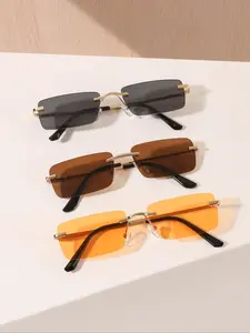 Women's Fashionable Metal Frame Rectangular Sunglasses, Trendy Casual Sunglasses for Everyday Use, Fashion Accessories for Outdoor Activities