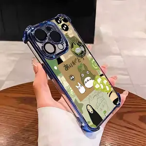 Cute cartoon Totoro & No-face Suitable For Aesthetic Electroplated TPU Casing For iphone 16 15 14 13 12 11 X XS PRO PLUS MAX Four Corners Anti-Fall Transparent Casual Soft Silicone Phone Cases Perfect Gift For men's L1440 Shockproof Smartphone