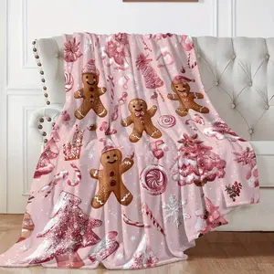 Enchanting Pink Christmas Throw Featuring Whimsical Gingerbread Men Playful Candy Canes Delicate Snowflakes Ultra Soft Plush Creates Magical Holiday Moments Cozy Warmth For Winter Evenings By The Fireside