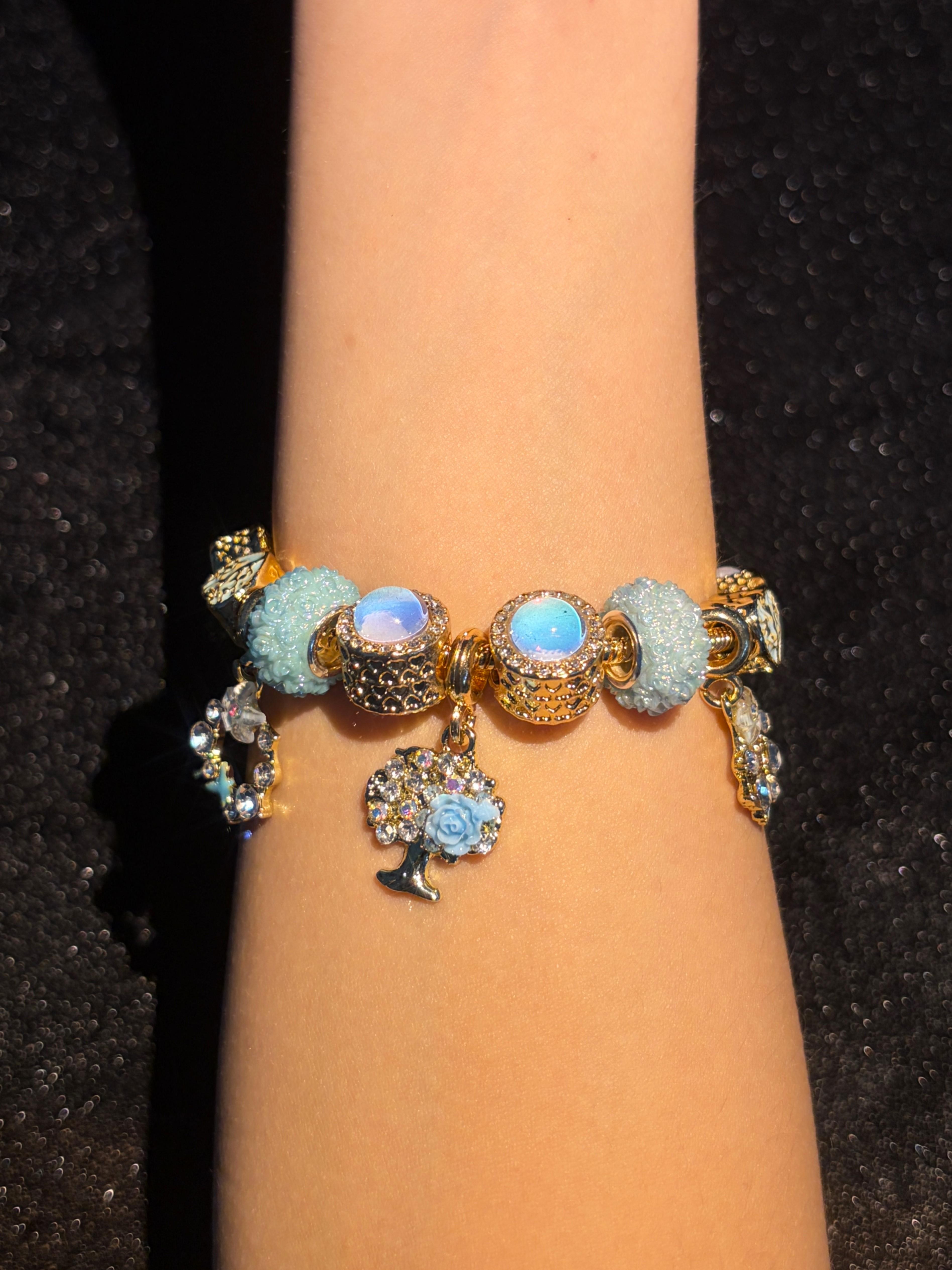 Women's Beaded Dangle Charm Bracelet, Gold-Tone Adjustable Extension Chain, Multi-Shape Enamel & Rhinestone Pendants, Textured Round Beads, Stackable Layering Wrist Jewelry, Daily & Party Wear Accessory, Gift for Young Women