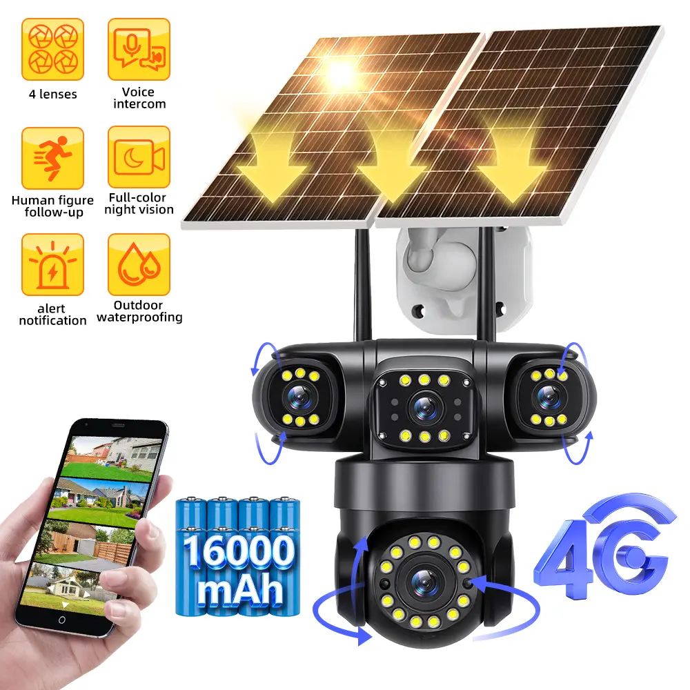 Solar-Powered 4-Lens AOV Security Camera - Supports 4G & WiFi, No Wiring Required, 24/7 Remote View, 360° Panoramic Surveillance, Color Night Vision, No Monthly Fees for Home & Yard Security 1080p camara