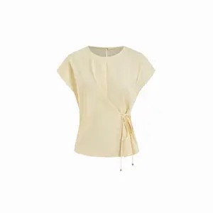 Cider Asymmetrical Round Neckline Tie Front Short Sleeve Blouse With Metal Detail SwimWeek