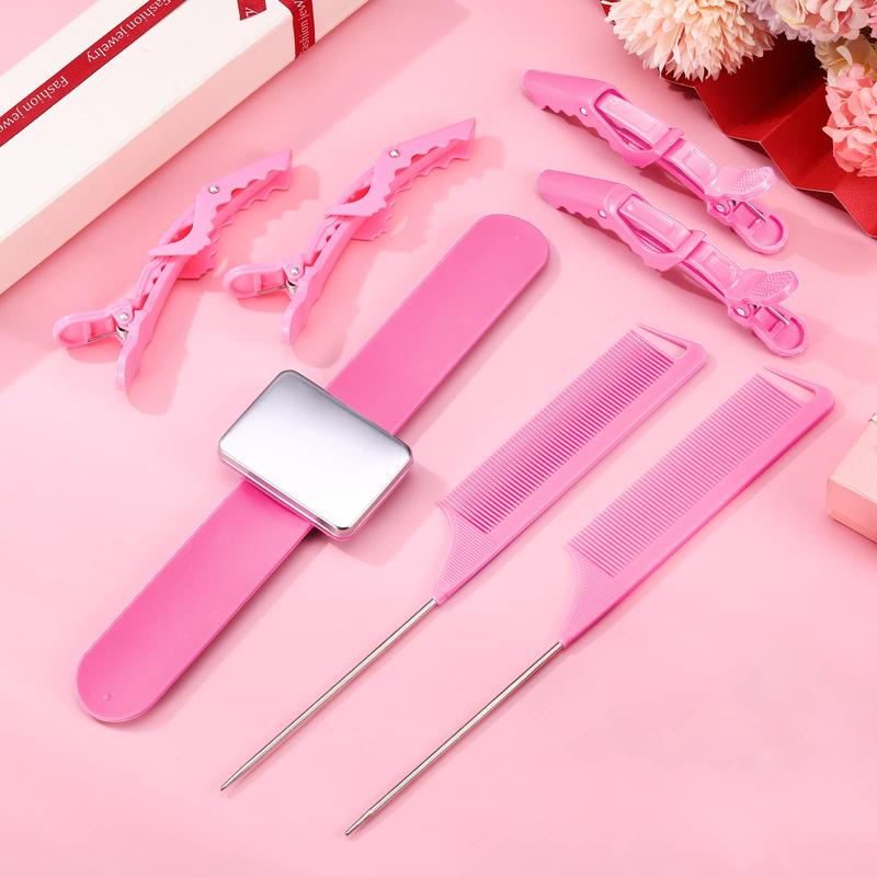 7-Piece Pink Hair Braiding Tools Set: Magnetic Pin Wristband, 2 Stainless Steel Pintail Combs & 4 Wide Teeth Alligator Clips for Braid Making
