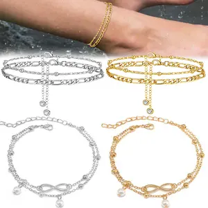 6PCS Bohemian Stackable Anklet Set Chic Infinite Design Cuban Link Chain Adjustable Elegant Imitation Pearl Pendant Hypoallergenic Foot Chain Daily Wear, Vacation & Parties, Perfect Holiday Gift, Party Accessory, Versatile Jewelry Valentine's Day Gift