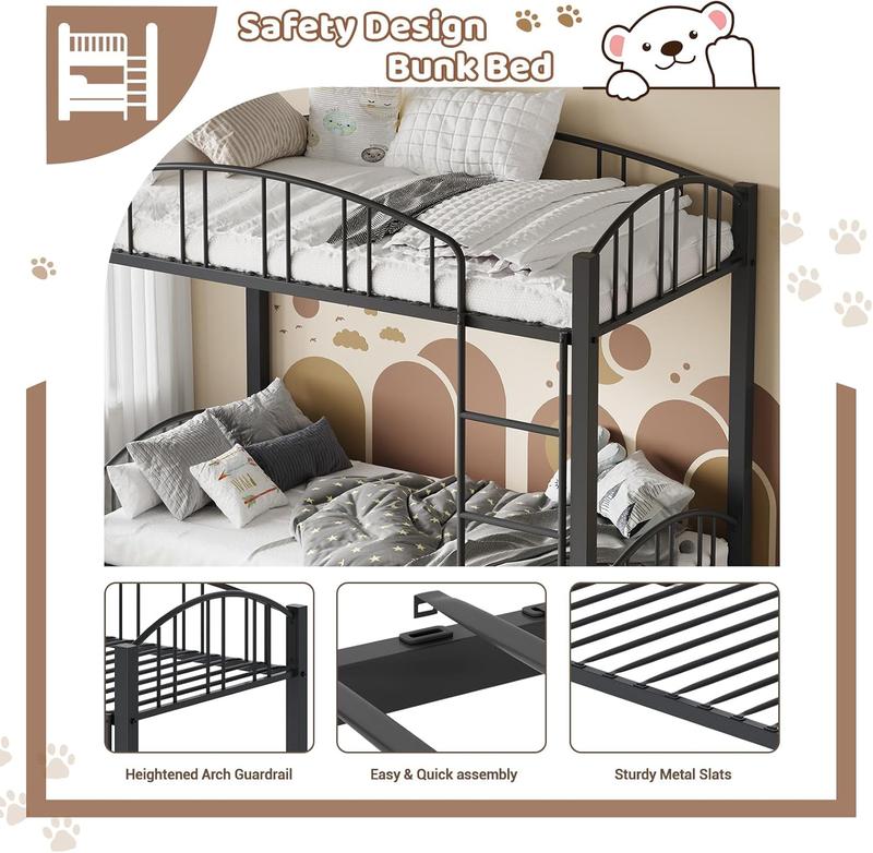 Metal Bunk Bed Twin Over Twin Heavy Duty Bunkbeds Frame with Arched Guardrail and Safety Ladder Sturdy Steel Bed for Kids Boys Girls Space-Saving No Box Spring Needed Matte Black