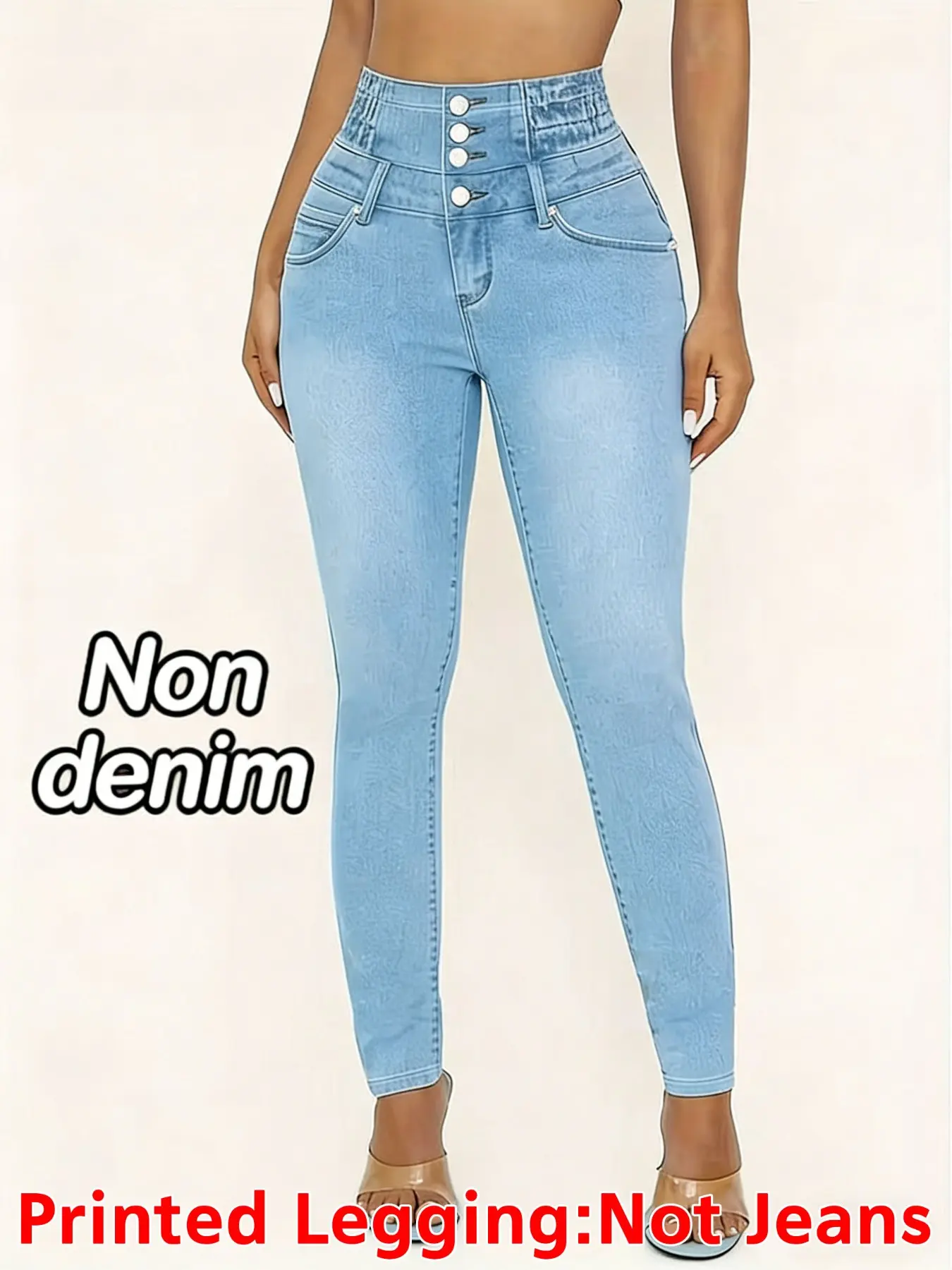 Women's Printed Leggings, Bottoms, Fashionable Fake Jeans High Waist Rise Skinny Slim Tight Pants, Elastic Print, All-Season Wear, Elegant Style, Casual, Basic, Pocket, Stretchy, Fit, Womenswear
