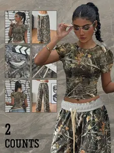 Two-Piece Set Women's Camo Print Round Neck Crop Top & Pants, Casual Fashion Cozy Breathable for Daily Outdoor Wear, Ladies Clothes Womenswear for All Seasons, Suits