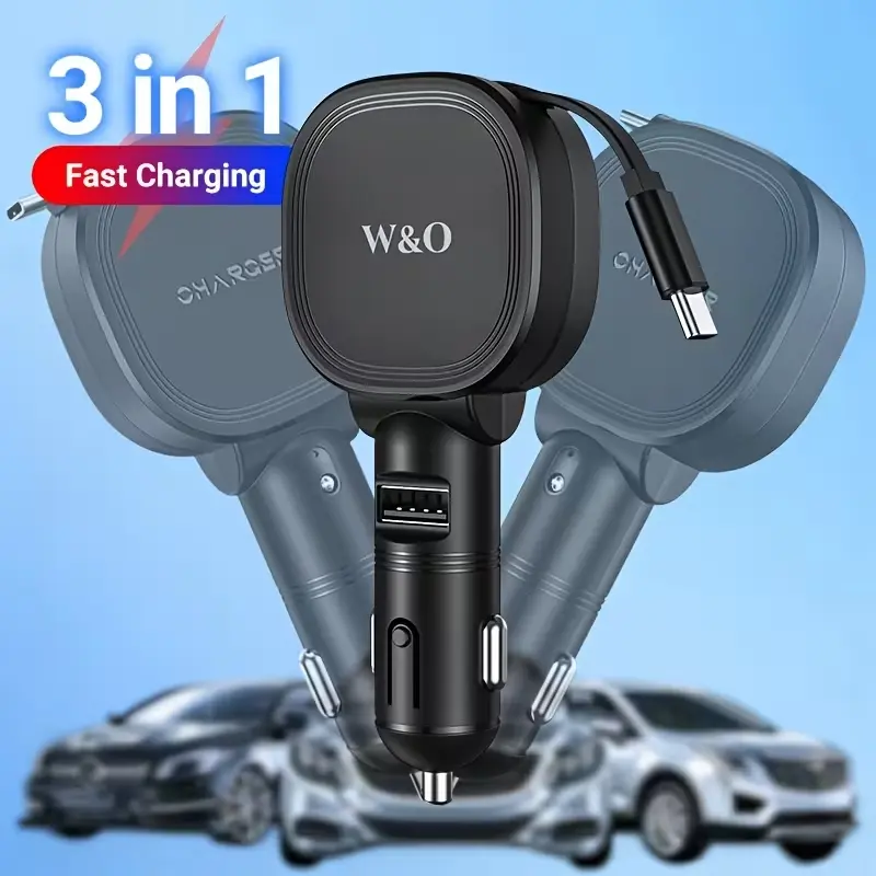 W&O USB-C Car Charger 45W Max Ultra-Compact Type-C Fast Car Charger with Built-in Retractable Cable for iPhone 15/14 Samsung S24 MacBookPro iPad