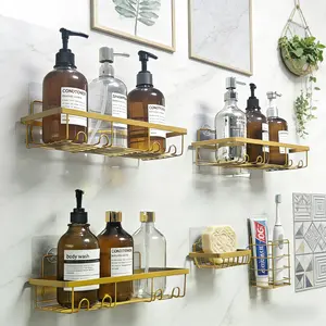 5-Pack Modern Rust-Proof Stainless Steel Gold Bathroom Accessories Set - No-Drilling Stick-On, Eco-Friendly Waterproof Large-Capacity Minimalist Shower Organizer with Toothbrush & Soap Holder for Bathroom, Outdoor Use