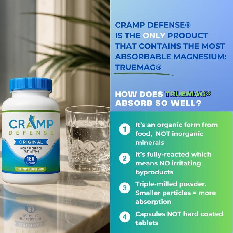Cramp Defense Magnesium Supplement for Leg & Muscle Cramps Day & Night Truemag Max Absorption 3-6 Month Supply Made in USA Healthcare Bathroom nutrition magnesium