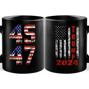 Trump 45/47 Black Flag Mug 2024, Patriotic Coffee Cup, Republican Gift, Political Tea Mug, Conservative Gift, Christmas Gifts
