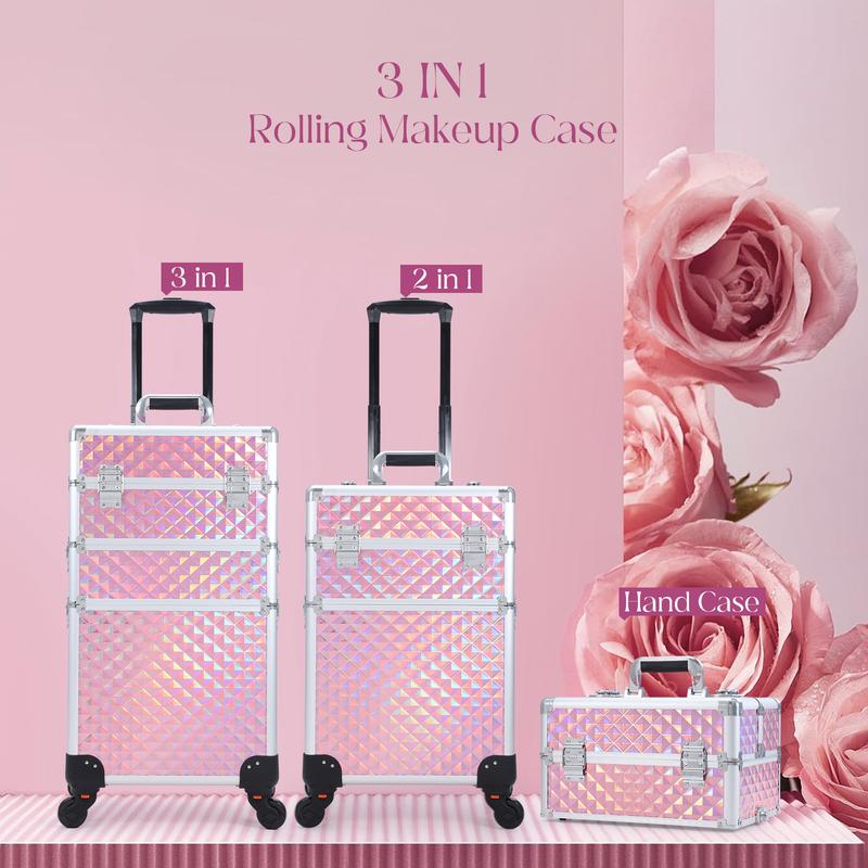 3 in 1 Rolling Makeup Train Case Large Cosmetic Trolley Salon Barber Case for Make Up Hairstylists Nail Tech Aluminum Makeup Trolley Case