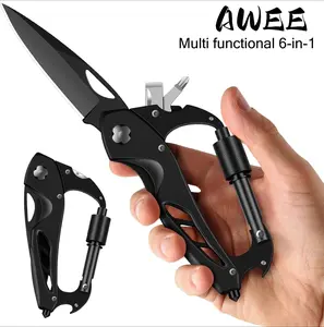 EDC Multitool Carabiner Keychain 6 in 1 Survival Gear with Folding Knife Bottle Opener Window Breaker Screwdriver Camping Hiking Essential Mens Gift