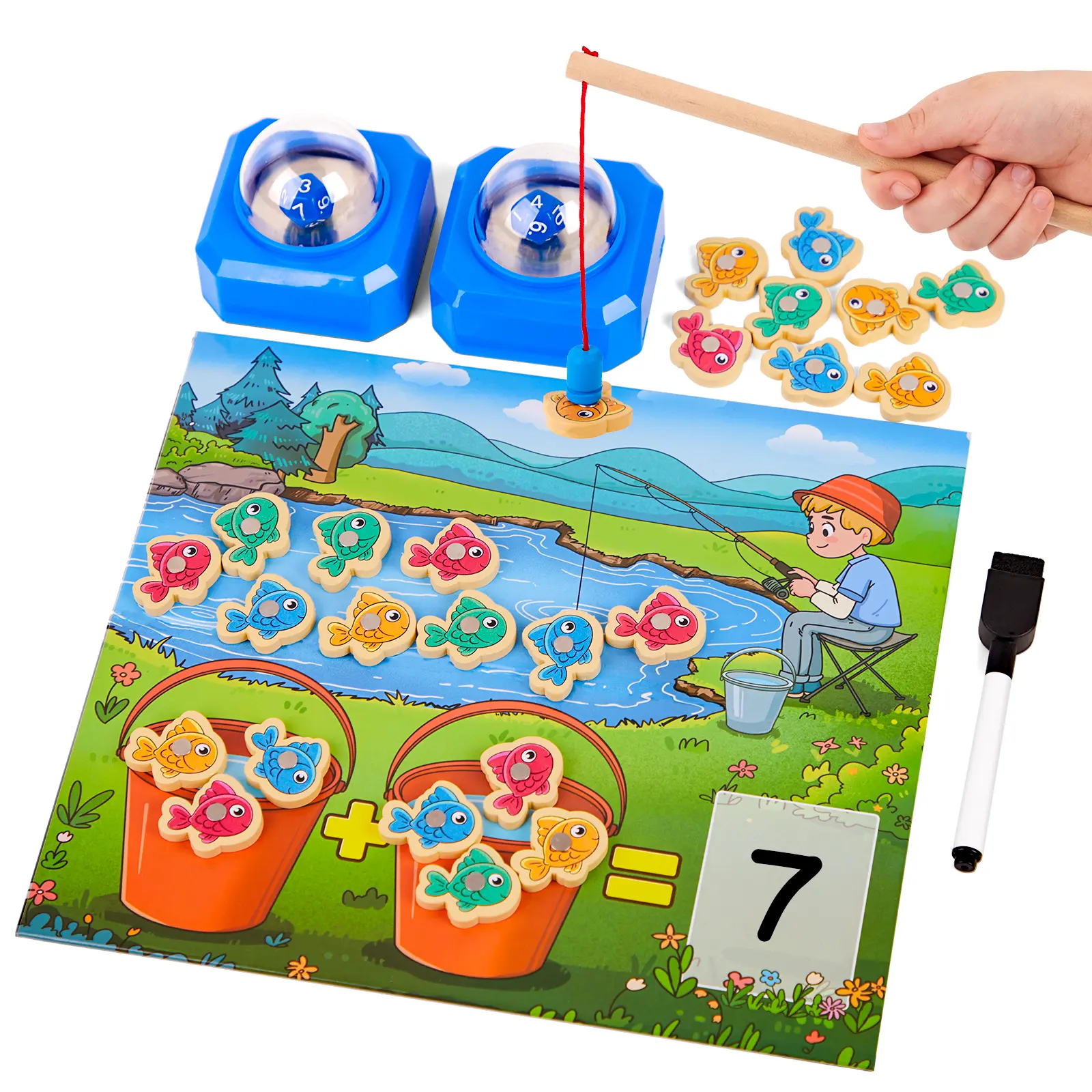 Magnetic Fishing Math Game for Kids with Dice Poppers, Fishing Game, Math Manipulatives for Kindergarten Preschool, Montessori Counting and Addition Dice Games Homeschool Learning Toy