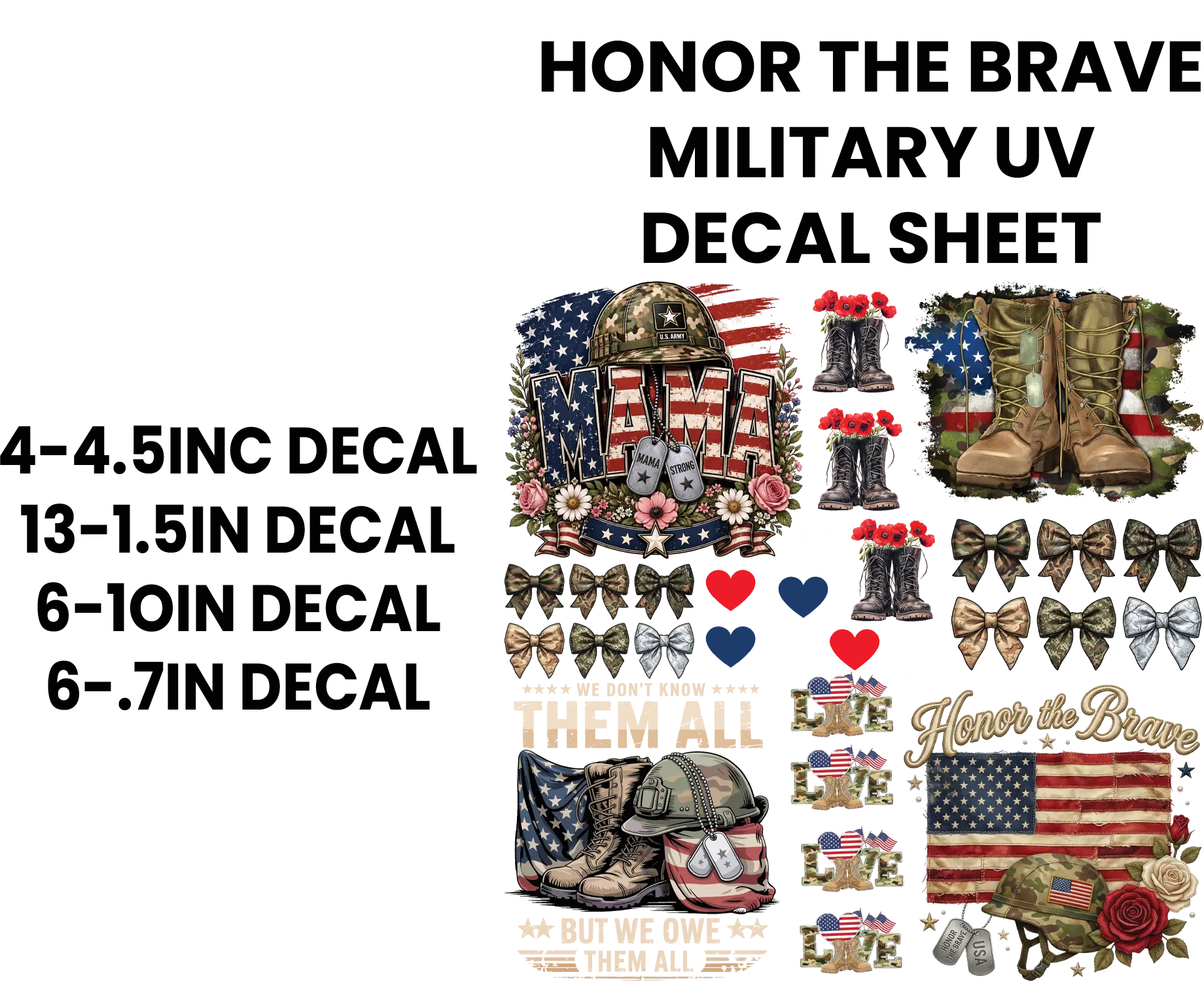 HONOR THE BRAVE MILITARY UV DTF DECAL SHEET