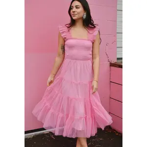 Fiori Short Bright Pink Tulle Tiered Midi Dress