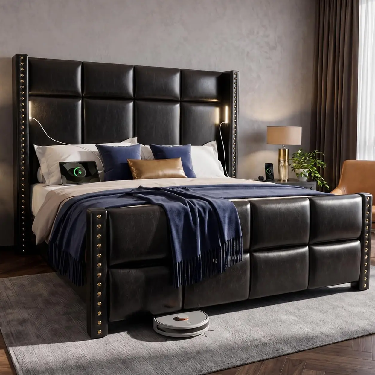 King Bed Frame with 56.7" Tall Wingback Headboard & Reading Lights, Upholstered Platform Bed and Charging Station, Modern Luxury Design, Noise Free, Leather Black