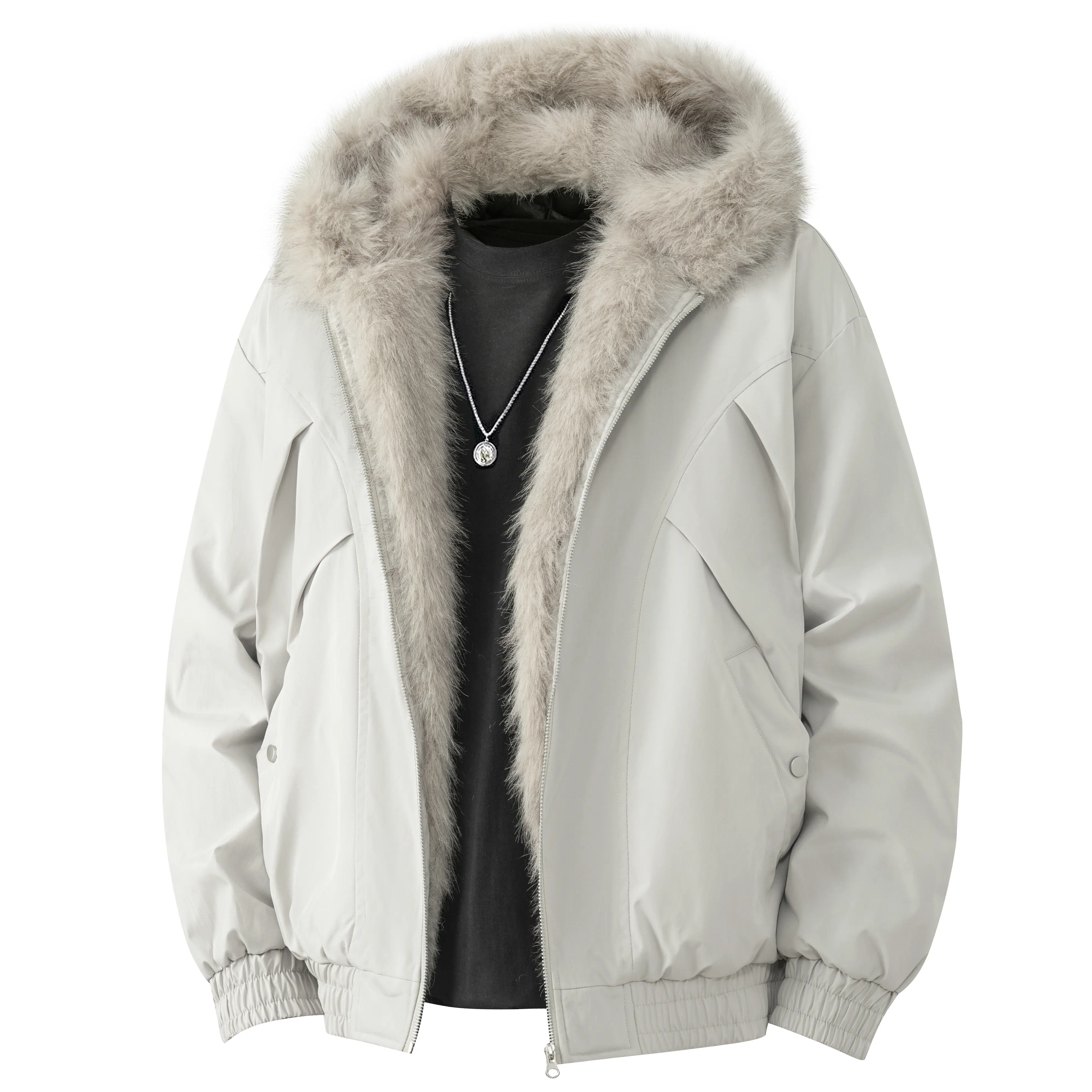 Menswear Cropped Long Sleeve Puffer Bomber Jacket - Fur Lined, Windproof, Thermal Warm Winter Outerwear for Cold Weather Daily Commute, Plain