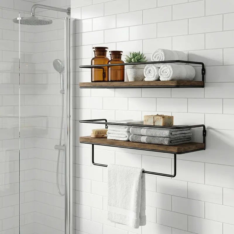 Spaco 15.7'' Floating Shelves - Set of 2, Wall Mounted Hanging Shelves with Black Towel Rack, Decorative Storage Shelves for Bathroom, Kitchen, Living Room & Bedroom