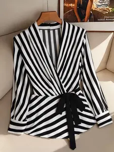 Plus Size V Neck Cross Wrap Striped Print Belted Long Sleeve Loose Fit Blouse Top, Chic Casual Commuter Wear, Multi-Scene
