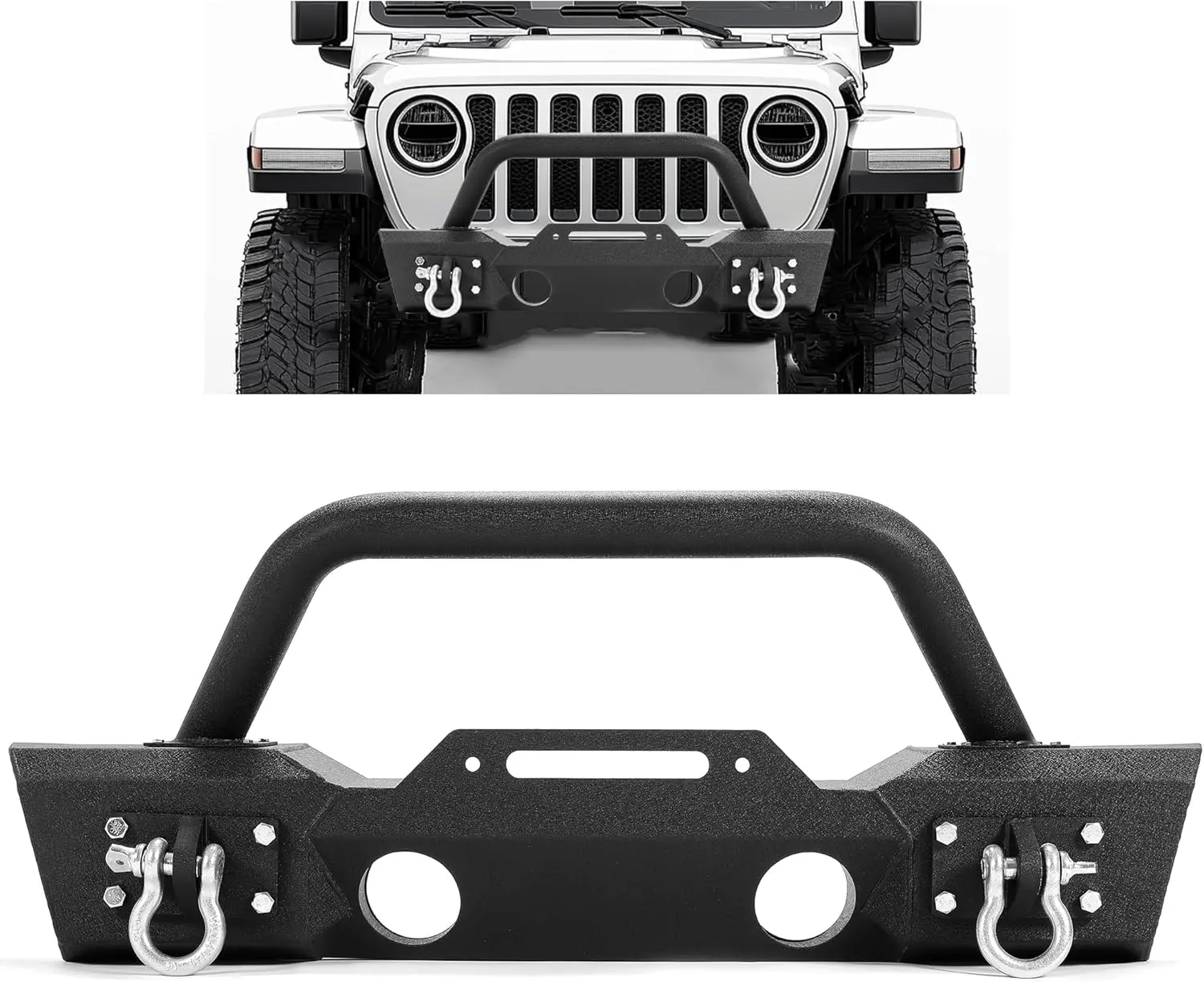 Stubby Front Bumper Compatible With 2007-2024 Jeep Wrangler JK JL Gladiator JT W/Fog Light Housing & D-rings Steel Powder Coated Black